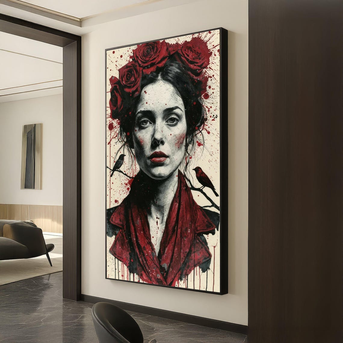 Intense Woman Red Roses Crown Birds Gothic Dark Art Portrait Poster