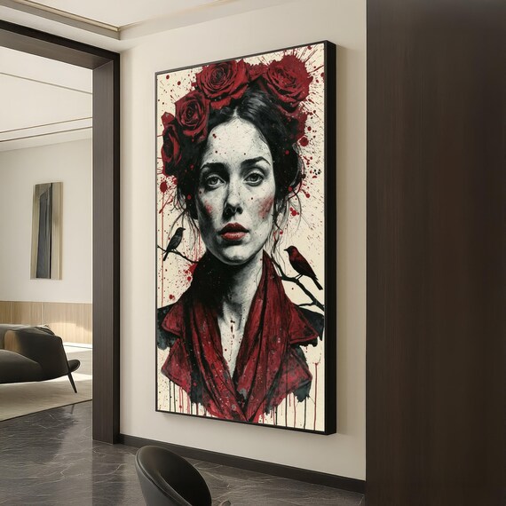 Intense Woman Red Roses Crown Birds Gothic Dark Art Portrait Poster