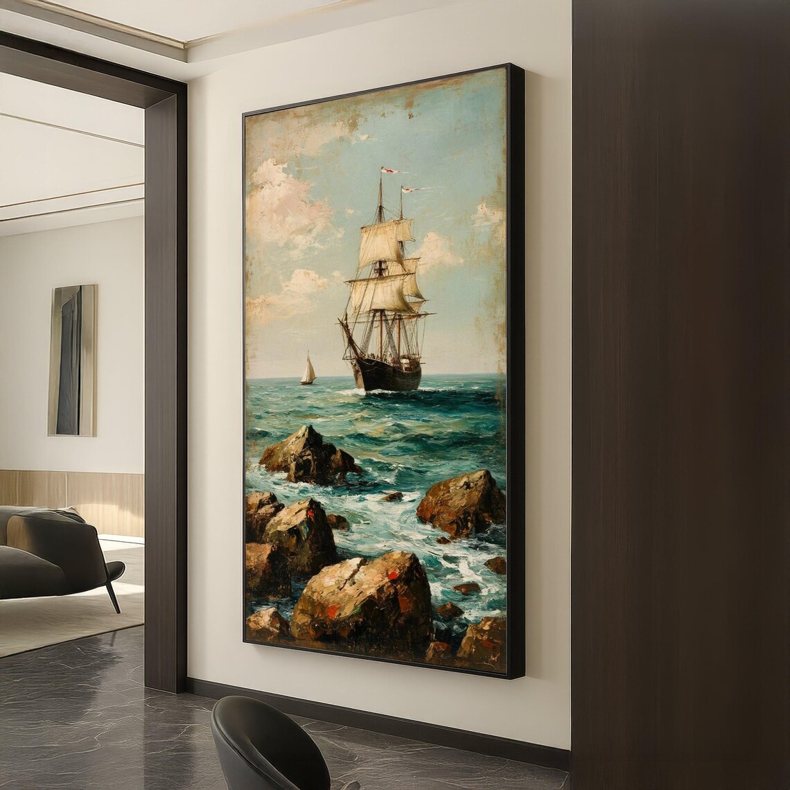 Classic Sailing Ship Full Sails Rocky Coast Vintage Maritime Seascape Poster