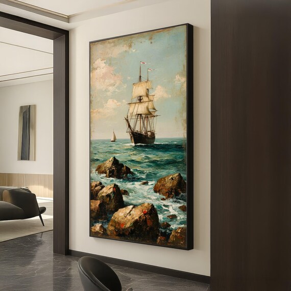 Classic Sailing Ship Full Sails Rocky Coast Vintage Maritime Seascape Poster