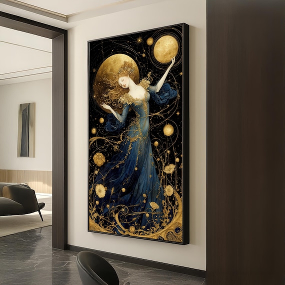 Celestial Moon Goddess Flowing Blue Gold Gown Fantasy Art Poster