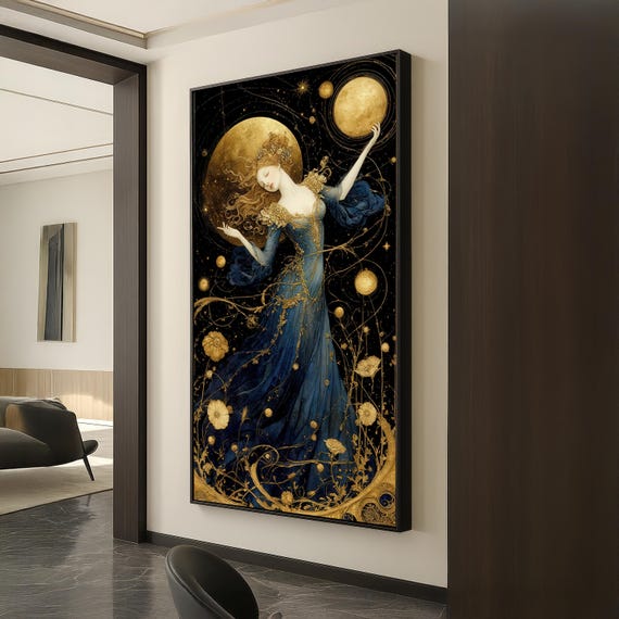 Celestial Woman Canvas Print Fantasy Goddess In Blue And Gold With Moon Stars Elegant Cosmic Art For Magical Wall Decor