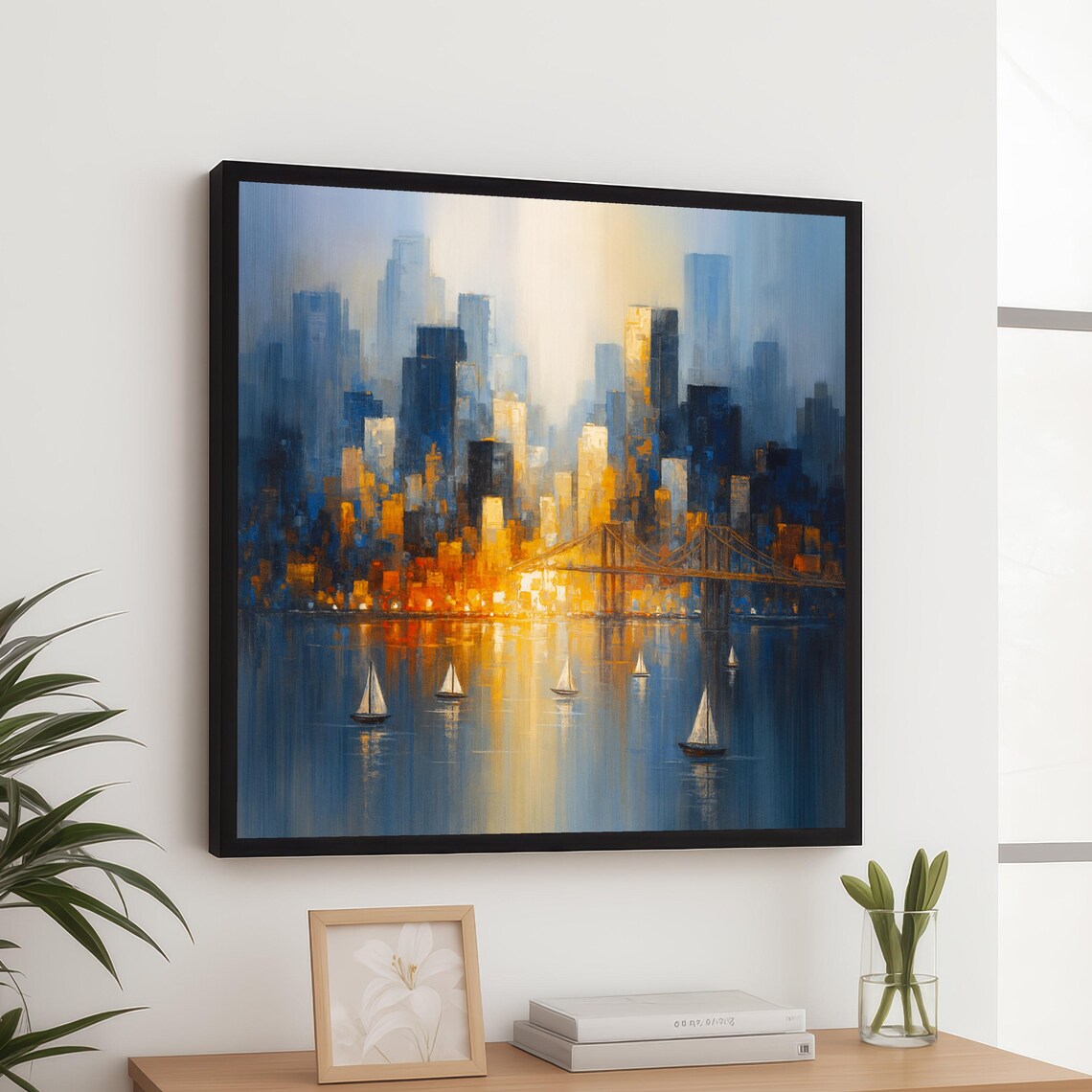 Abstract City Skyline At Dusk Bridge Sailboats Blue Gold Modern Urban Poster