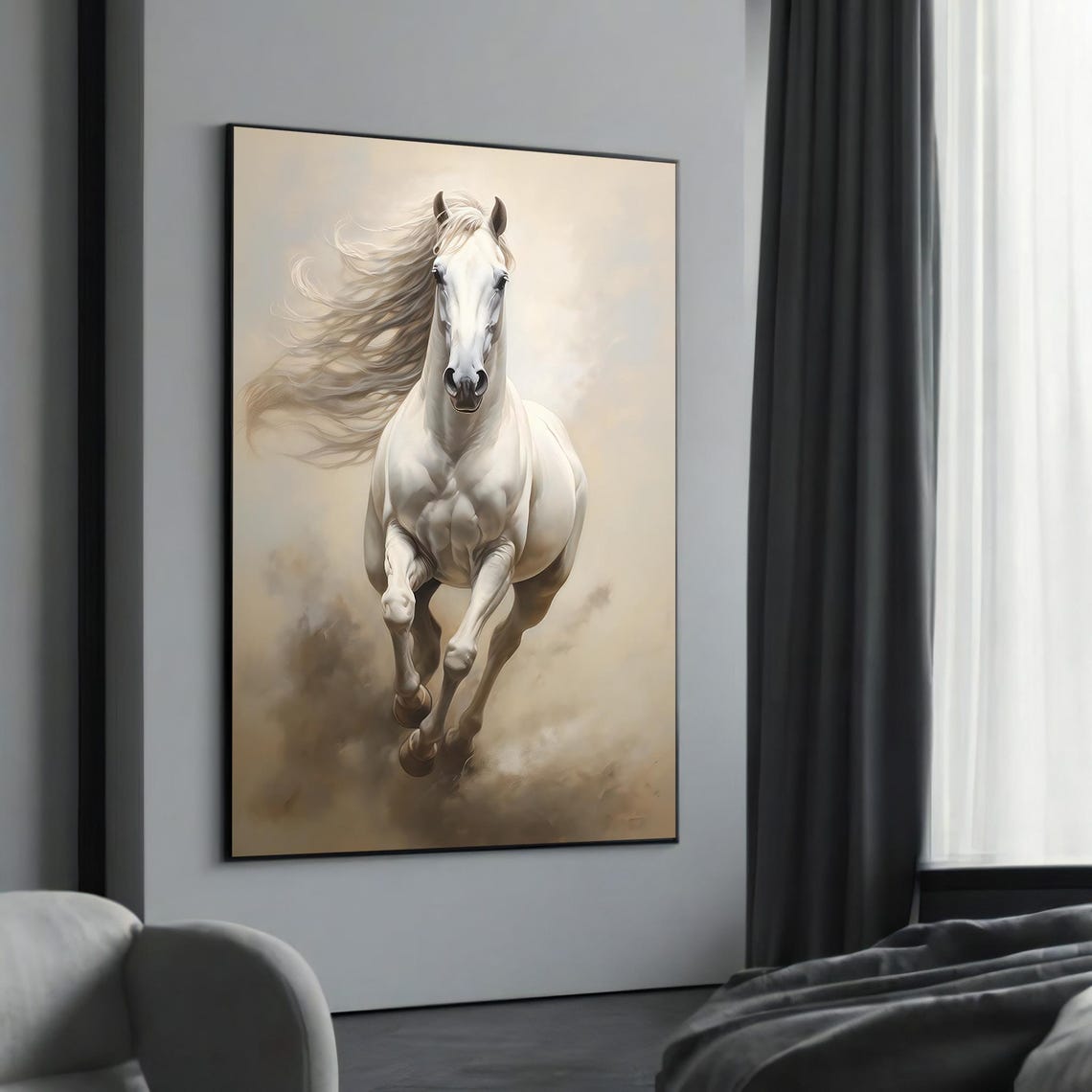 Majestic Galloping White Horse Golden Dust Elegant Art Poster