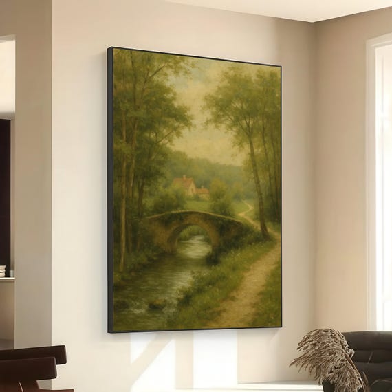 Tranquil Countryside Stream Stone Arch Bridge Canvas Rustic Landscape Wall Art Serene Nature Scene Home Decor Painting