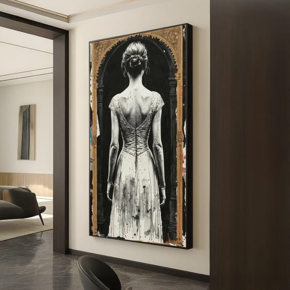 Vintage Woman Back View Portrait, Monochrome Decor