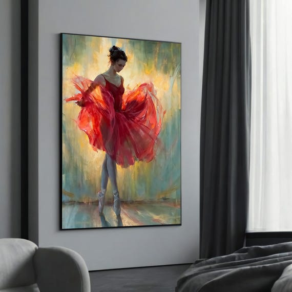 Elegant Ballerina In Red Canvas Art Dance Wall Decor Ballet Dancer Painting Impressionist Print Graceful Home