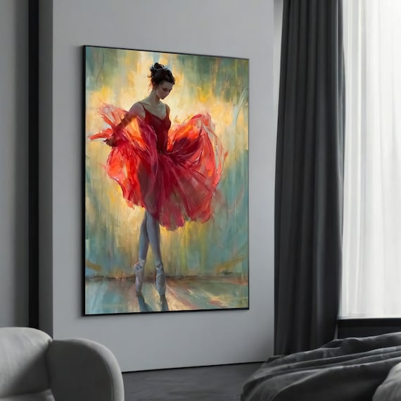 Elegant Ballerina Red Tutu Impressionist Oil Painting Art Poster
