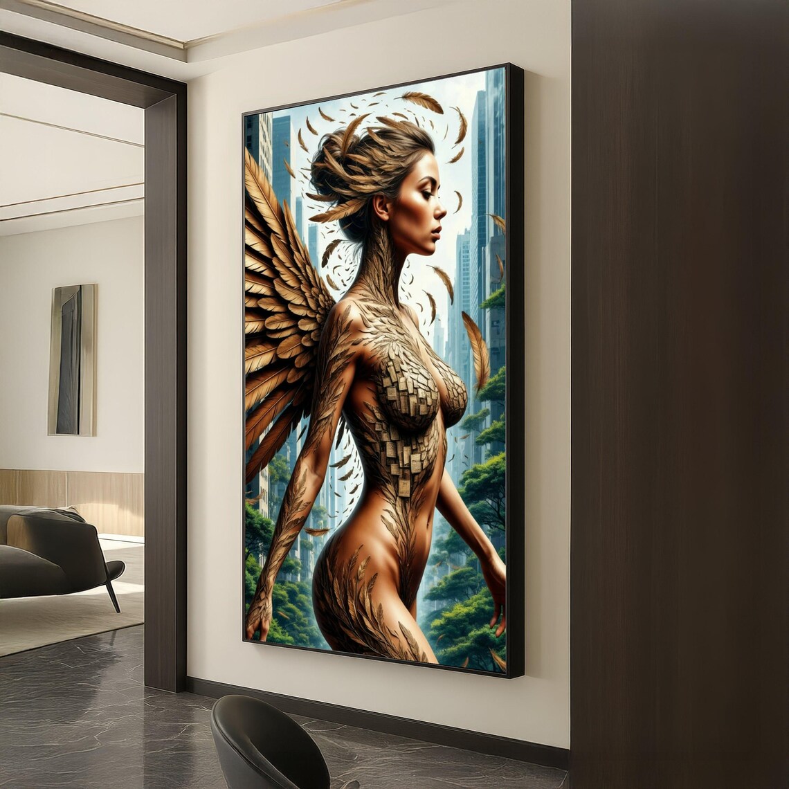 Brown Feather Wing Woman Mosaic City Street Fantasy Art Poster