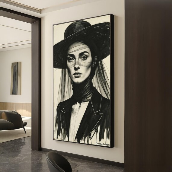 Elegant Woman Black Hat Veil Ink Portrait Fashion Illustration Poster