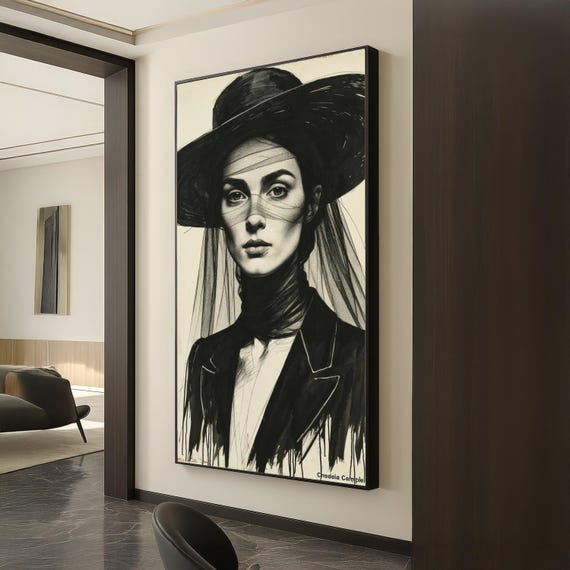 Elegant Woman Portrait Canvas Black Hat Veil Art Fashion Illustration Wall Monochrome Stylish Home Decoration