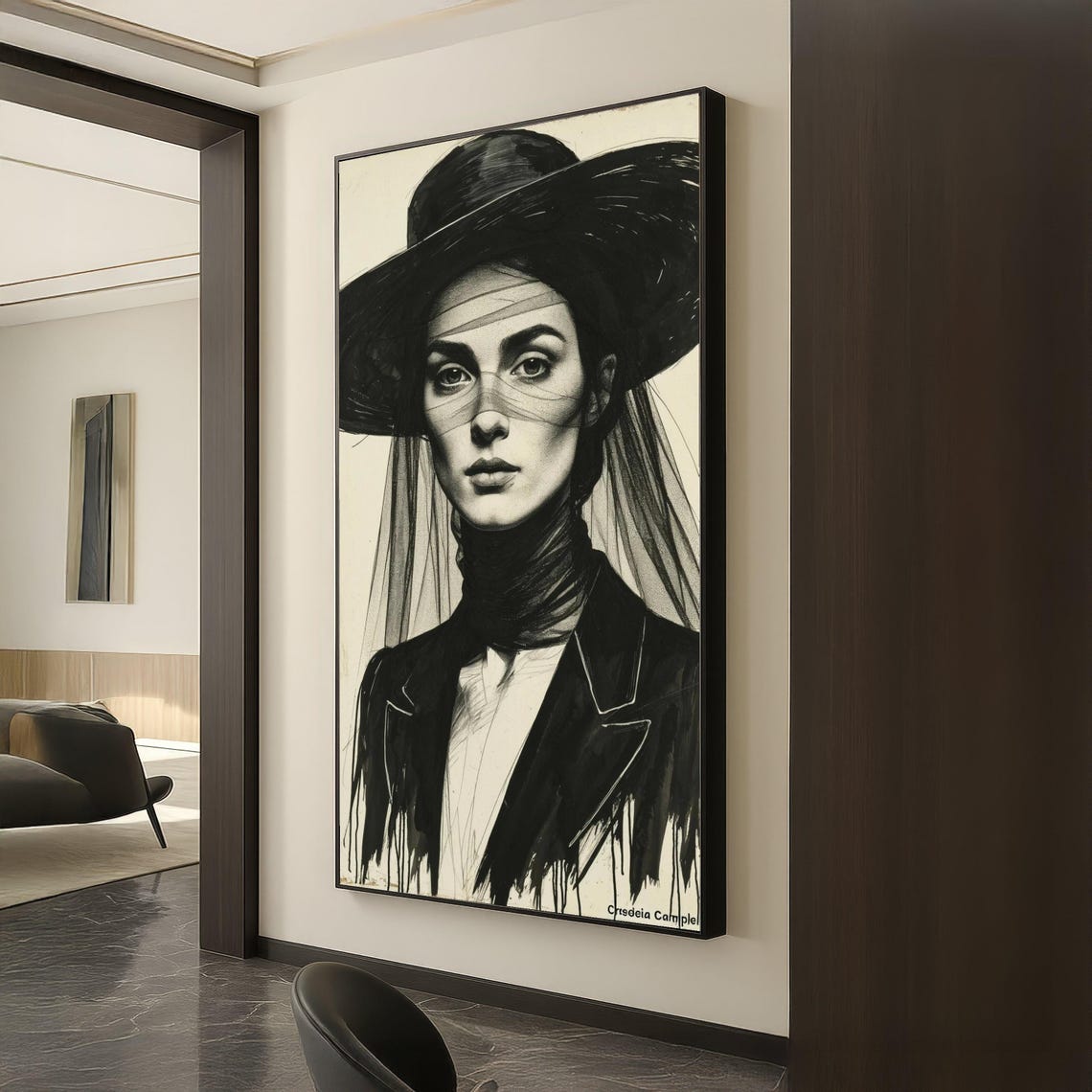 Elegant Woman Black Hat Veil Ink Portrait Fashion Illustration Poster