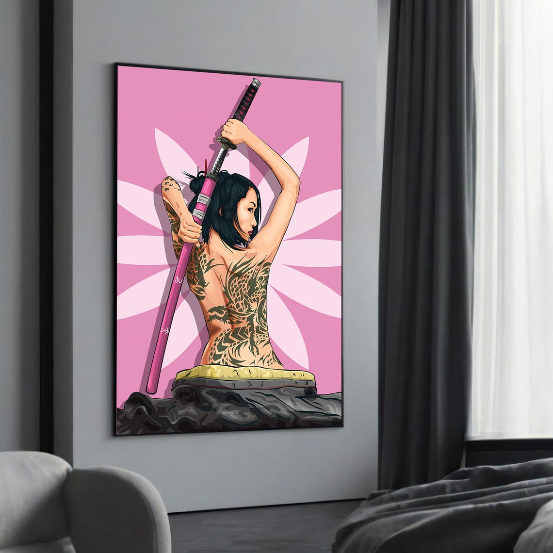 Samurai Woman With Katana Dragon Tattoo Pink Pop Art Warrior Poster