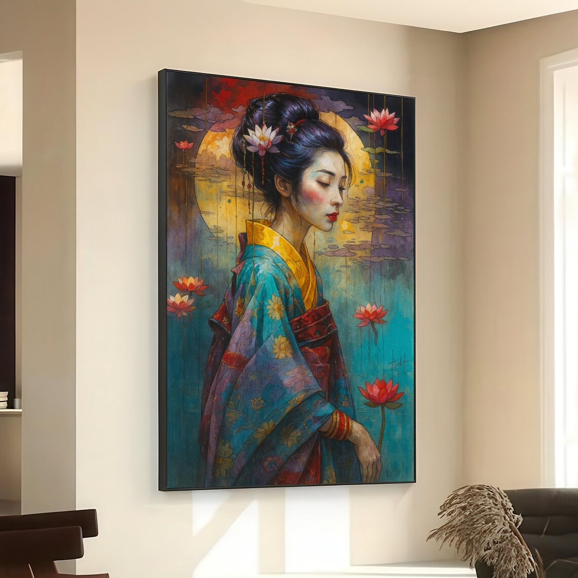 Elegant Geisha Portrait Lotus Moon Floral Kimono Asian Style Poster