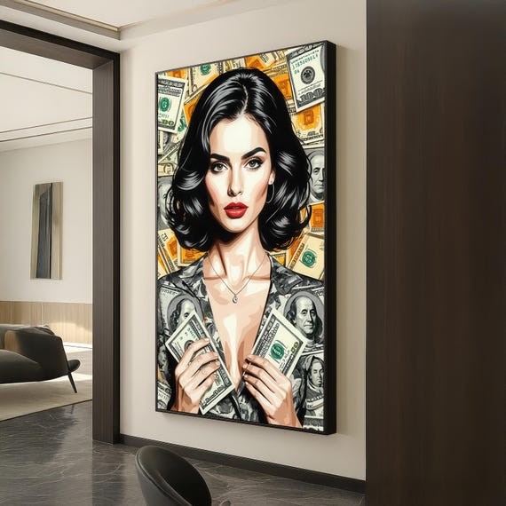 Pop Art Rich Woman Canvas Wall Luxury Money Themed Illustration Of Glamorous Lady With Dollar Background Bold Statement Dcor