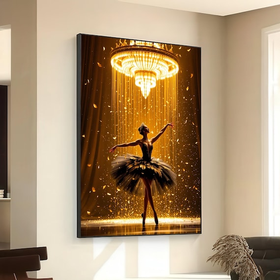 Ballerina Black Tutu Golden Chandelier Stage Dance Canvas Wall Art