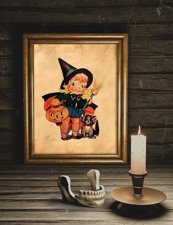 Vintage Halloween Witch Girl Pumpkin Cute Retro Illustration Poster