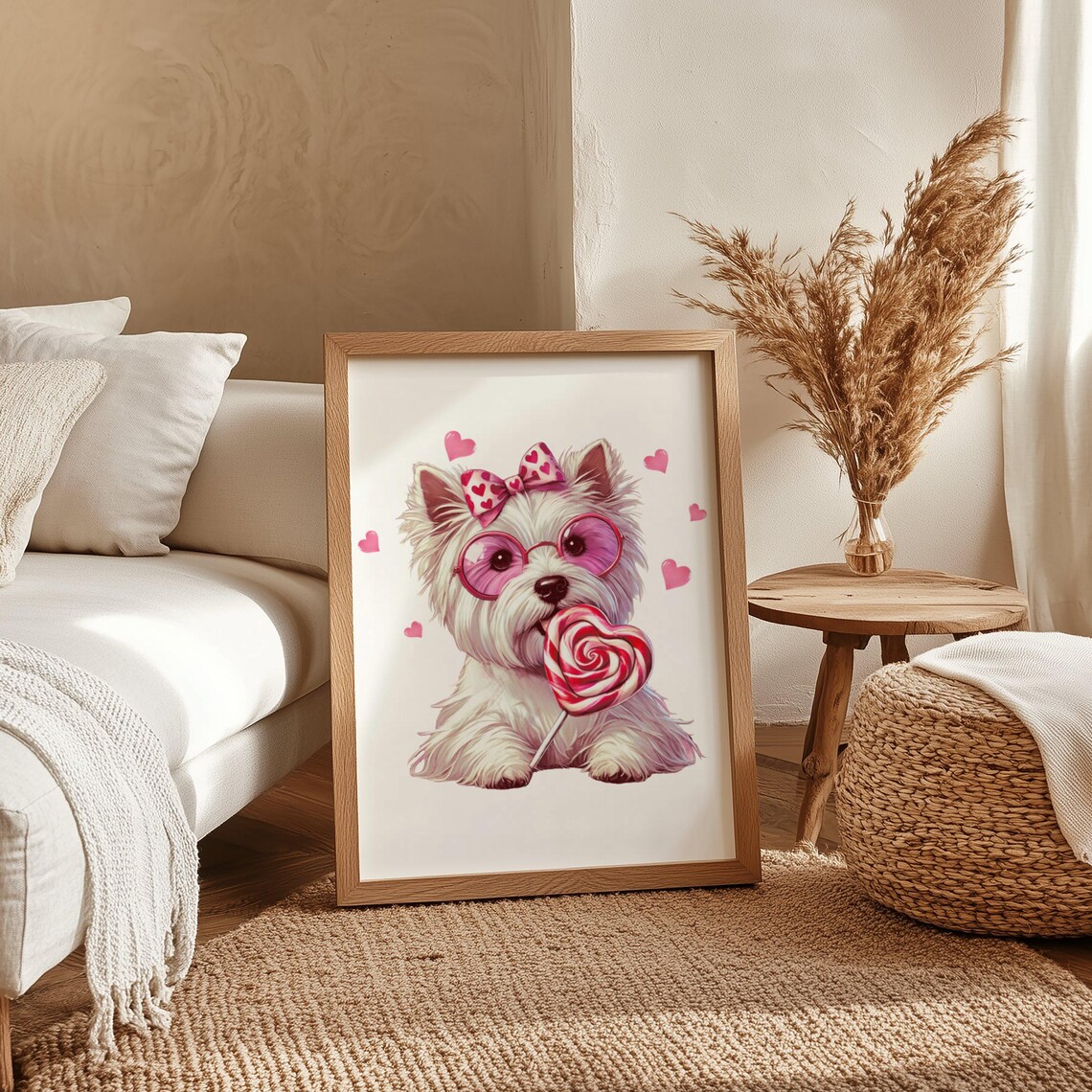 Cute White Fluffy Dog With Pink Sunglasses And Heart Lollipop Wall Art - Image 4