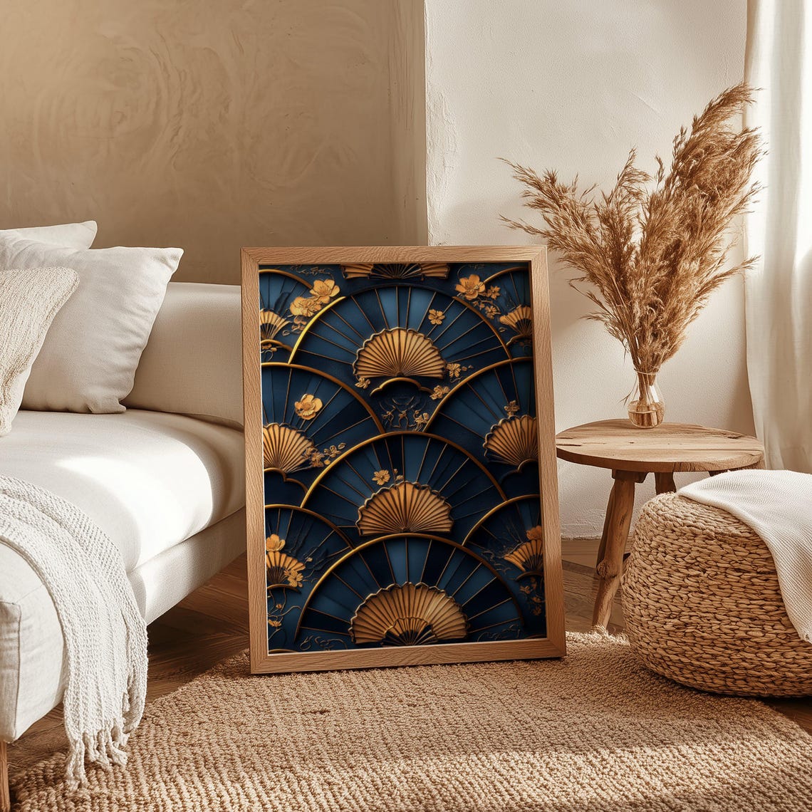 Golden Fan And Floral Wall Art Print Blue And Gold Home Dcor Geometric Pattern Poster Unique Wall Dcor New Home Gift Elegant Wall Art - Image 4