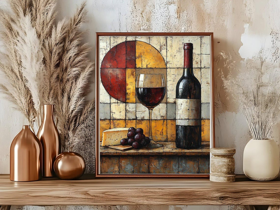 Wine Bottle and Glass Geometric Abstract Mosaic Tile Art Poster - Image 5
