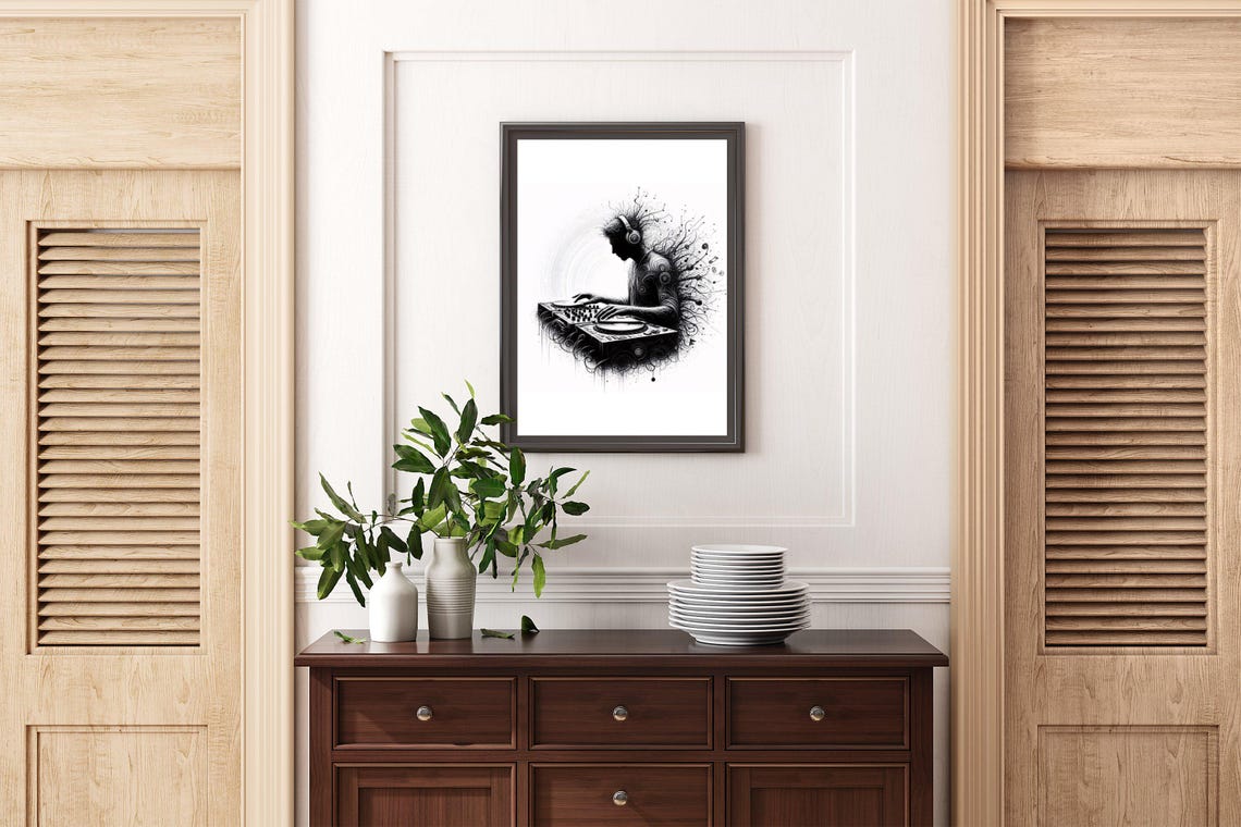Monochrome DJ Silhouette at Turntables With Headphones Poster - Image 2