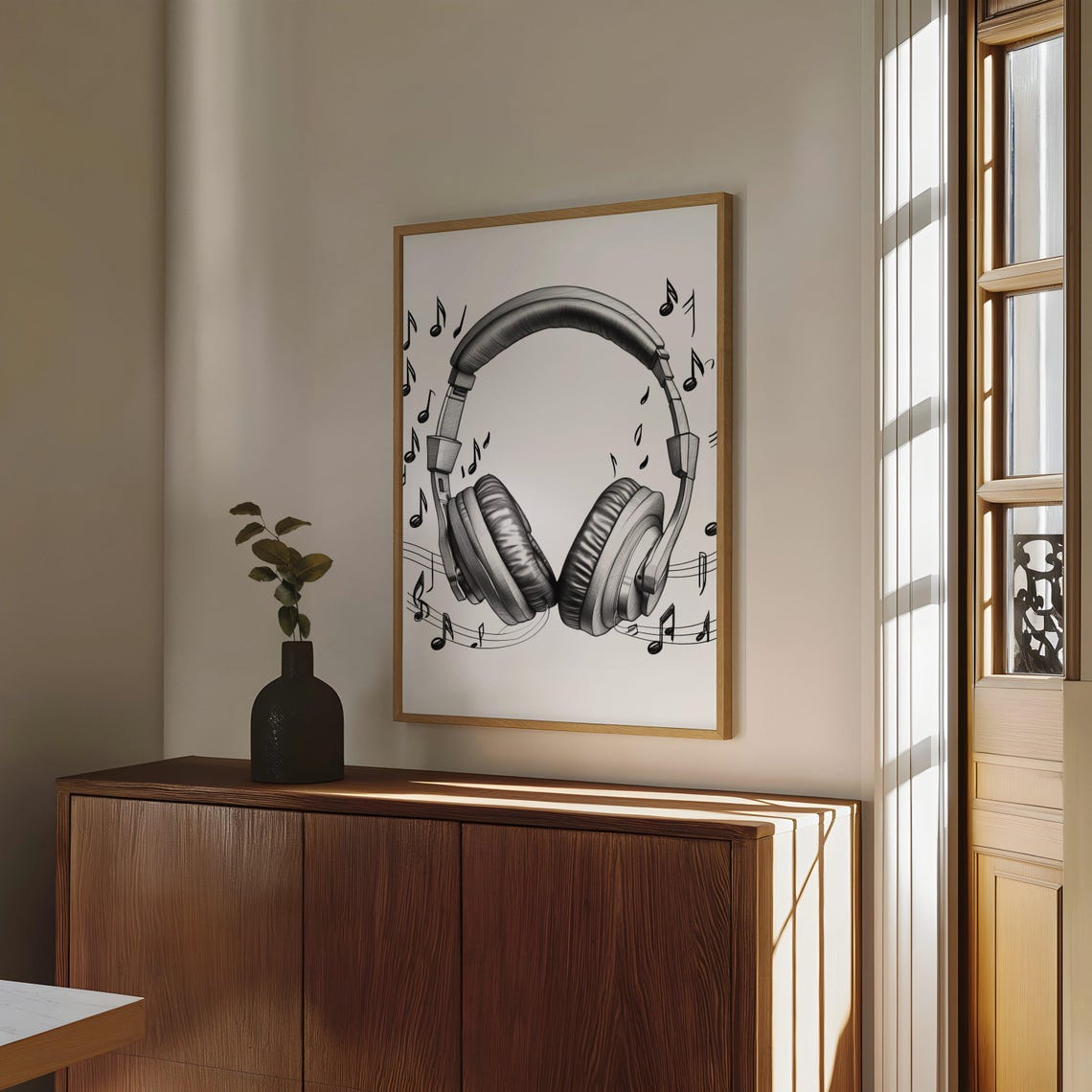 Headphones With Music Notes Black White Music Lover Sketch Poster - Image 4