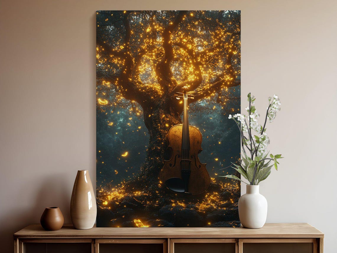 Enchanted Forest Violin Art Musical Instrument Nature Scene Wall Art Print Or Stretched Mystic Golden Tree Dcor New Home Gift - Image 5