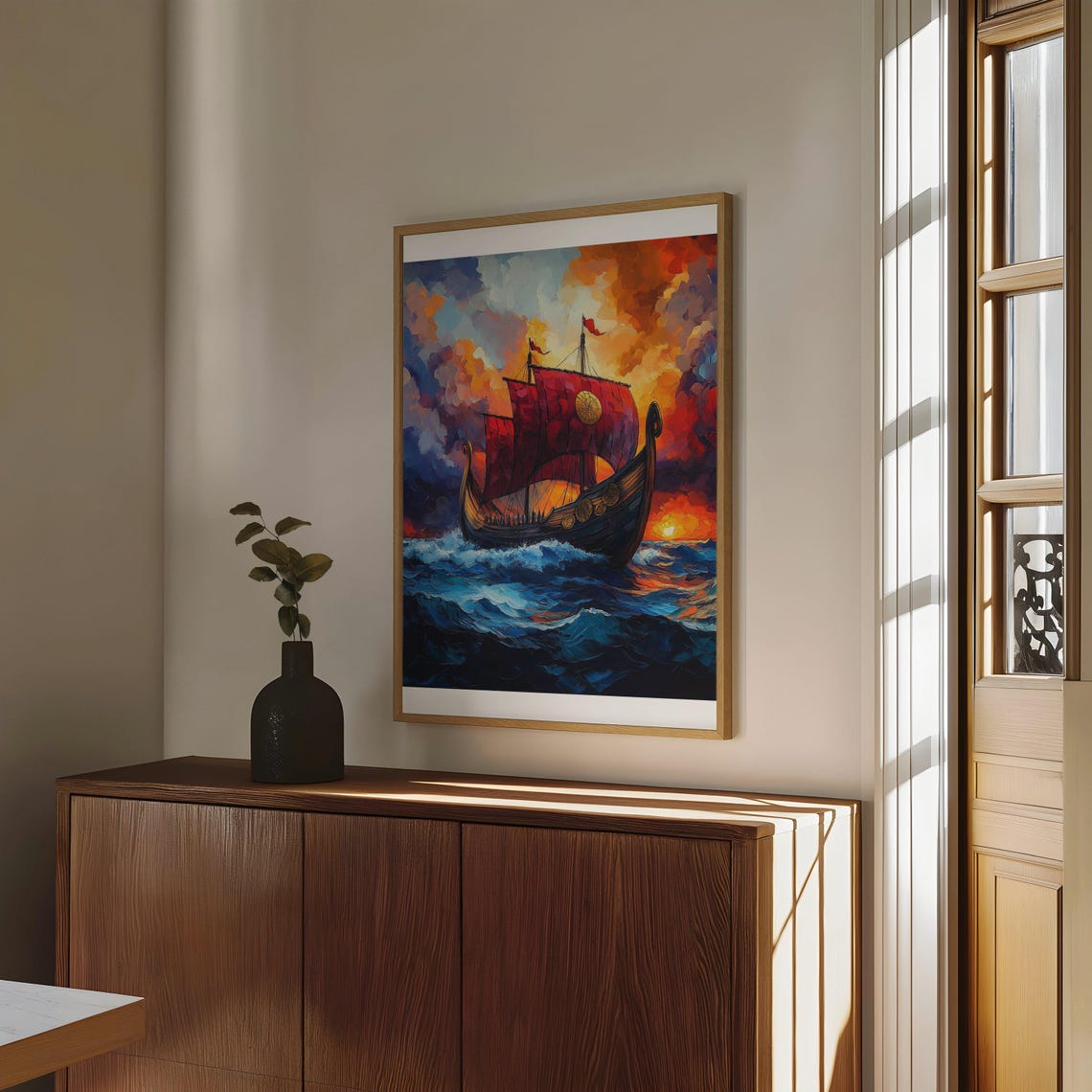 Viking Ship Sunset Poster Red Sails Ocean Maritime Adventure Art - Image 4