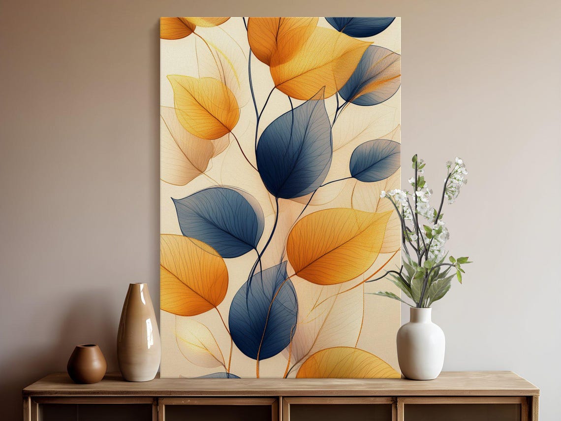 Translucent Amber and Blue Autumn Leaves on Soft Cream Poster - Image 5