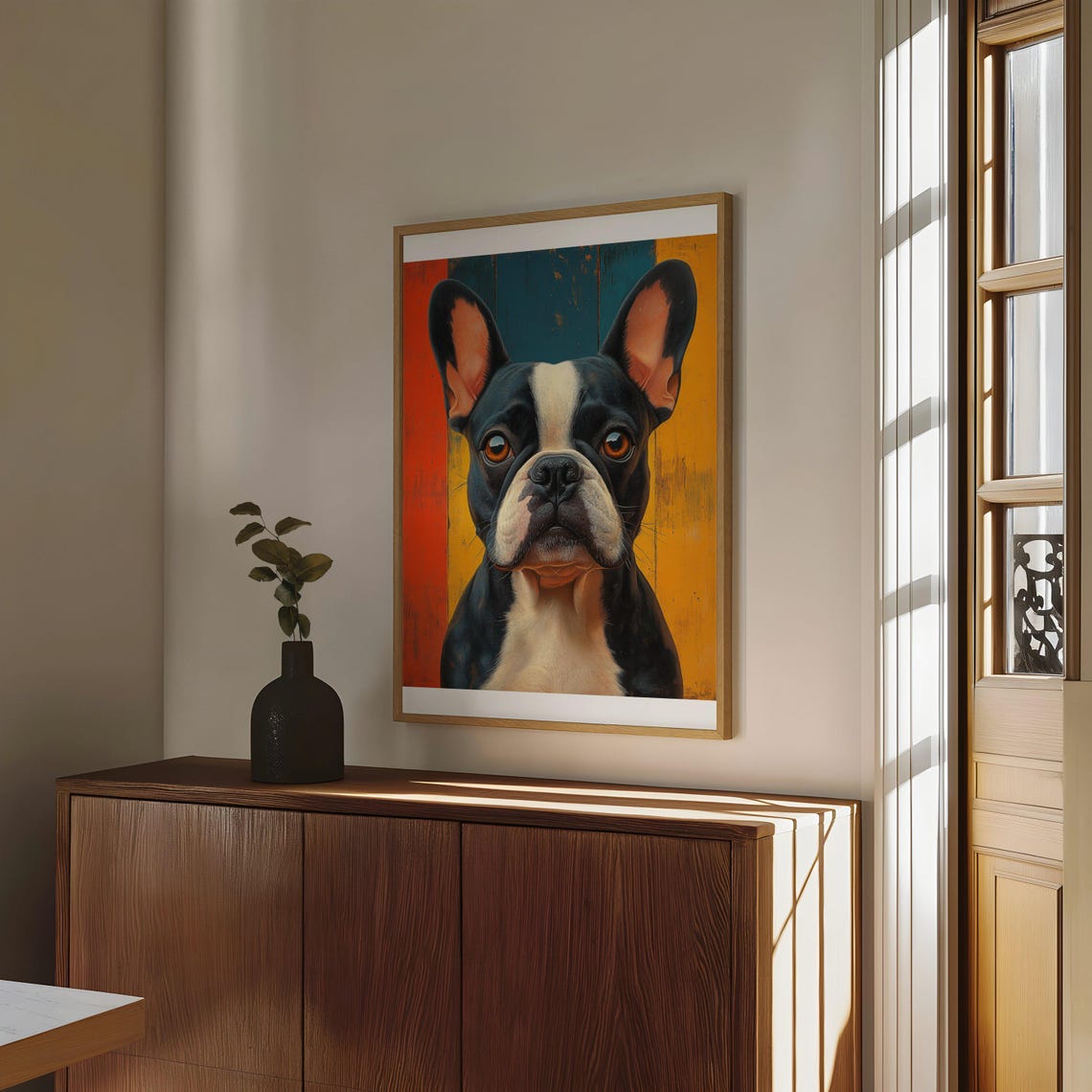 Black and White French Bulldog Bold Retro Striped Art Poster - Image 4
