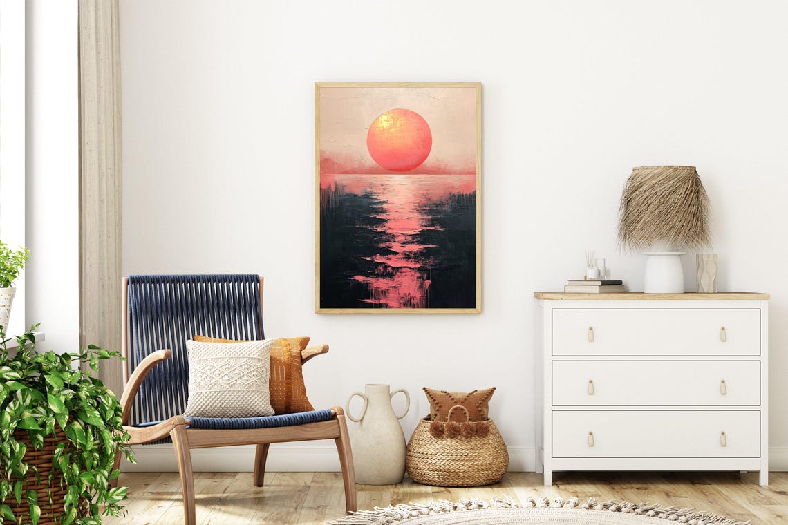 Minimalist Red Sun Sinking Into Dark Water With Pink Glow Poster - Image 3
