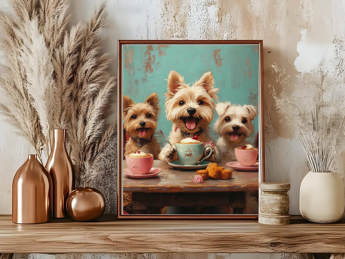 Three Happy Yorkie Puppies Sharing Hot Chocolate Treats Art Poster - Image 5