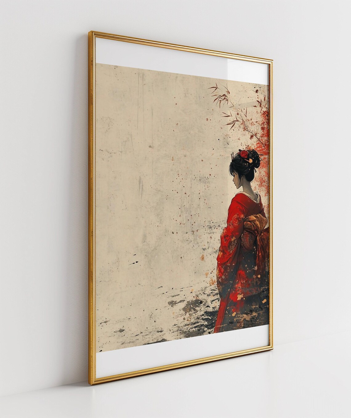 Japanese Geisha In Red Kimono Minimalist Watercolor Art Poster - Image 3