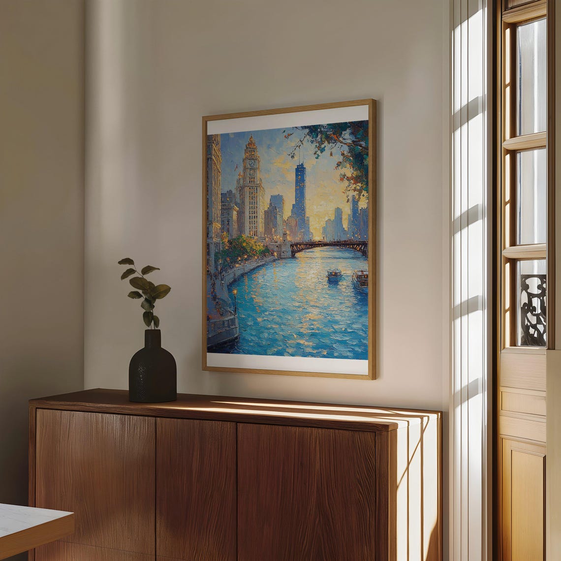 Chicago River Skyline at Sunset Impressionist Oil Painting Poster - Image 4