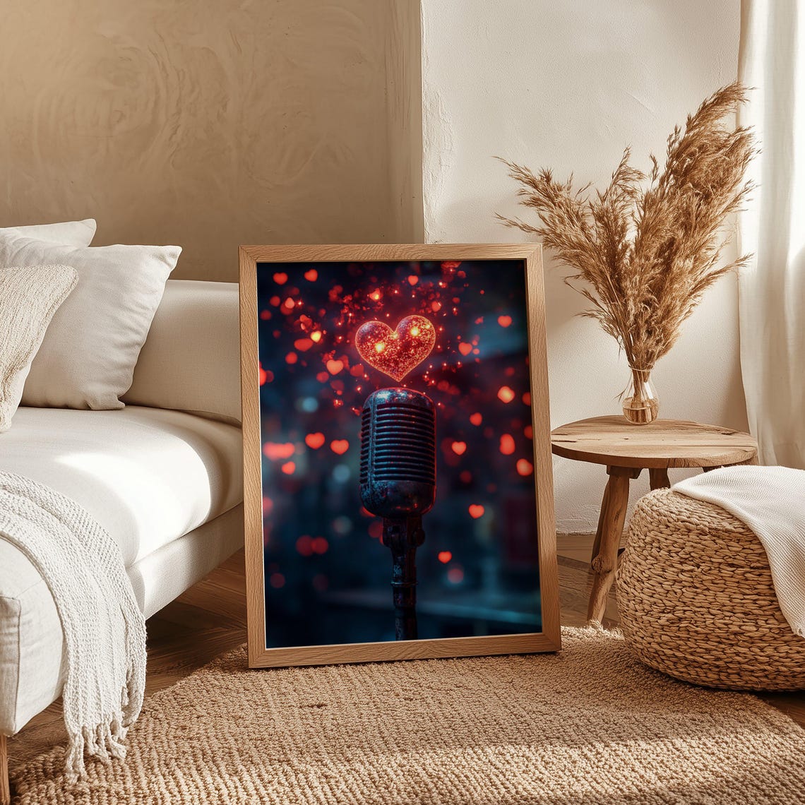 Vintage Microphone With Glowing Red Heart Lights Above Wall Art - Image 4