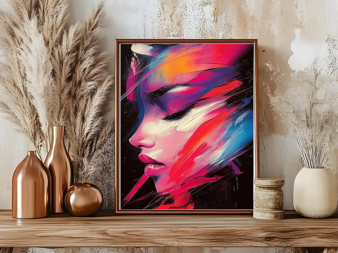 Electric Pink and Red Expressionist Woman's Face Profile Art Poster - Image 5