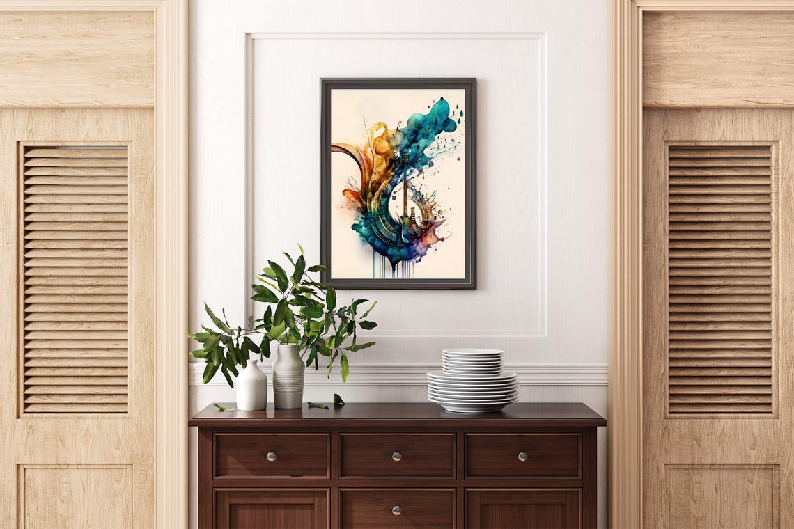 Acoustic Guitar Dissolving Into Teal And Gold Watercolor Splash Poster - Image 2