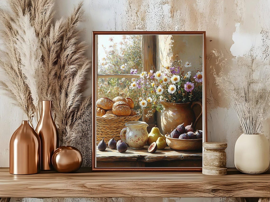 Rustic Harvest Still Life with Bread Figs and Daisies Art Poster - Image 5