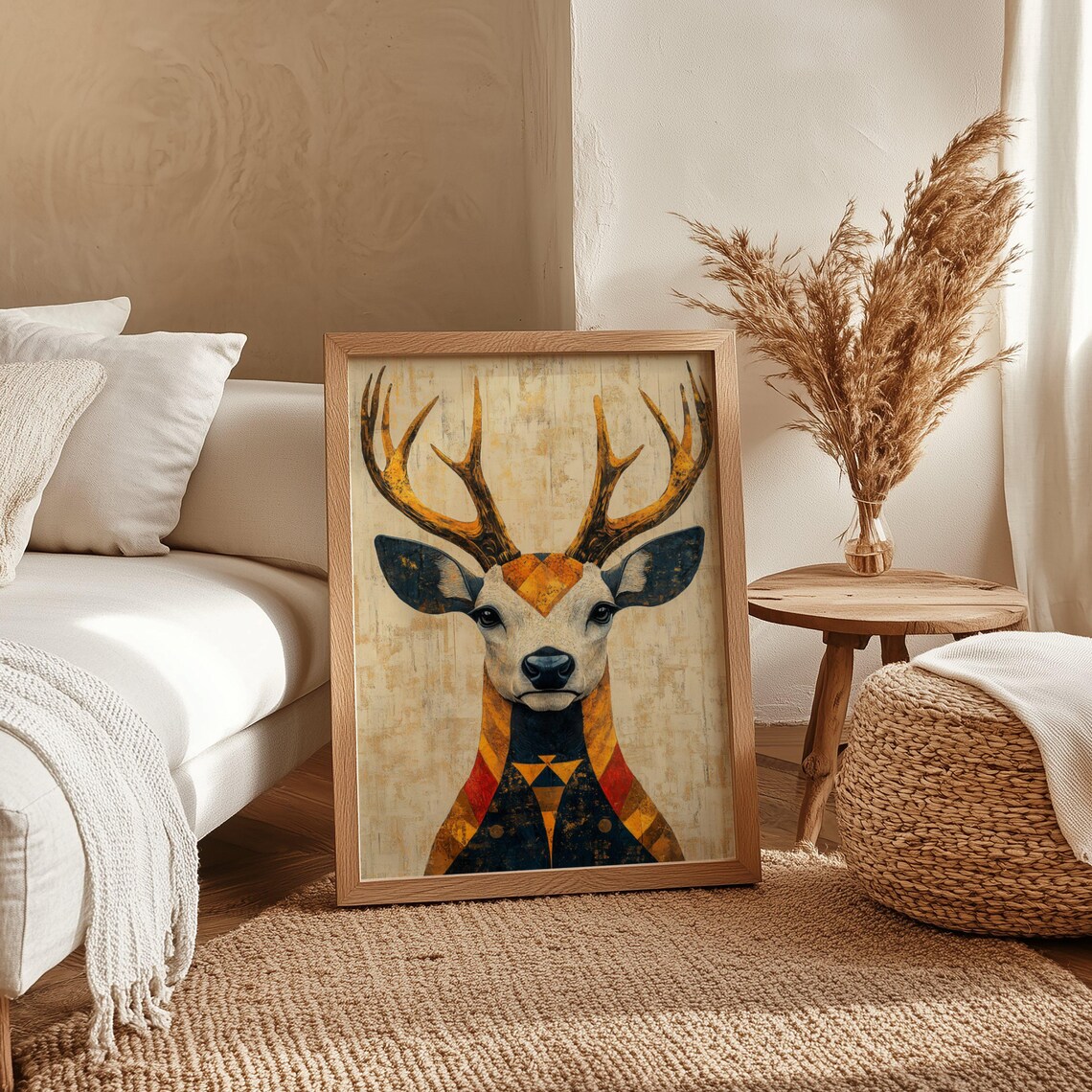 Geometric Golden Stag Portrait in Amber Tones With Vintage Texture Poster - Image 4