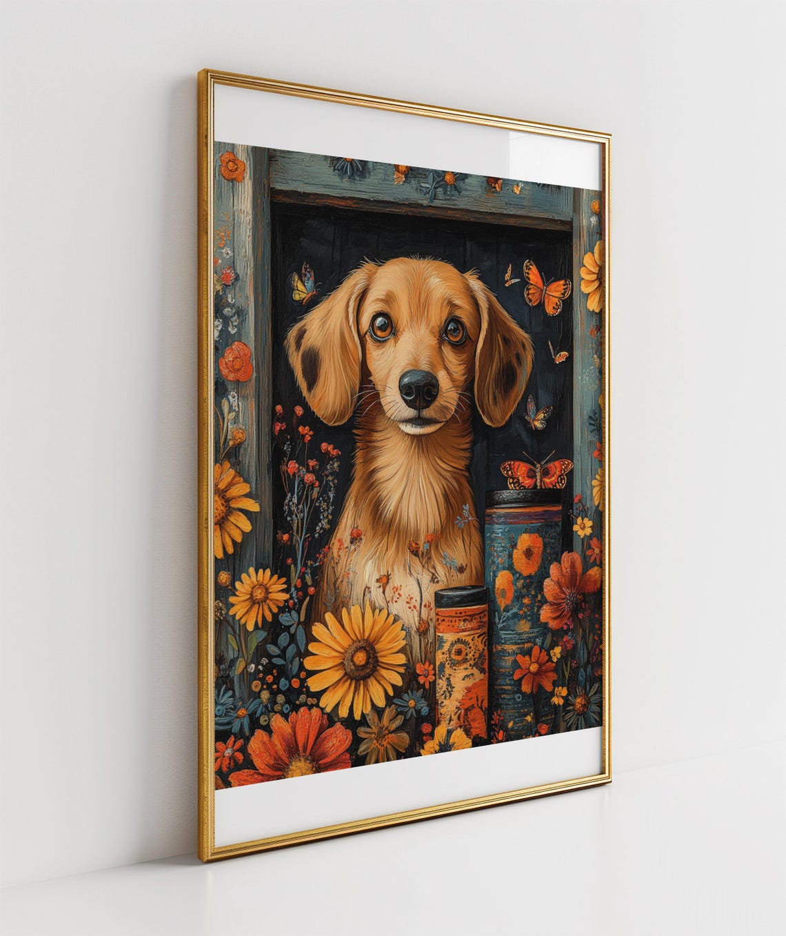 Dachshund Puppy in Floral Window with Butterflies Art Poster - Image 3