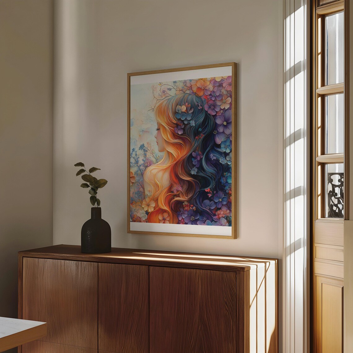 Floral Woman Portrait Poster Watercolor Flowers Hair Vibrant Art - Image 4