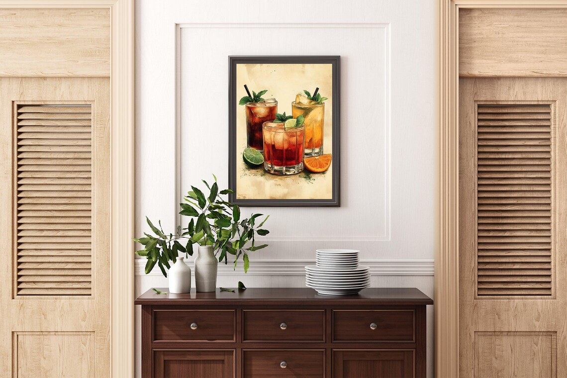 Watercolor Cocktail Poster With Three Glasses Mint Lime and Orange - Image 2