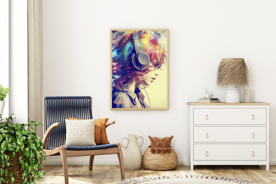 Girl Profile With Headphones And Vibrant Multicolor Painted Hair Poster - Image 3