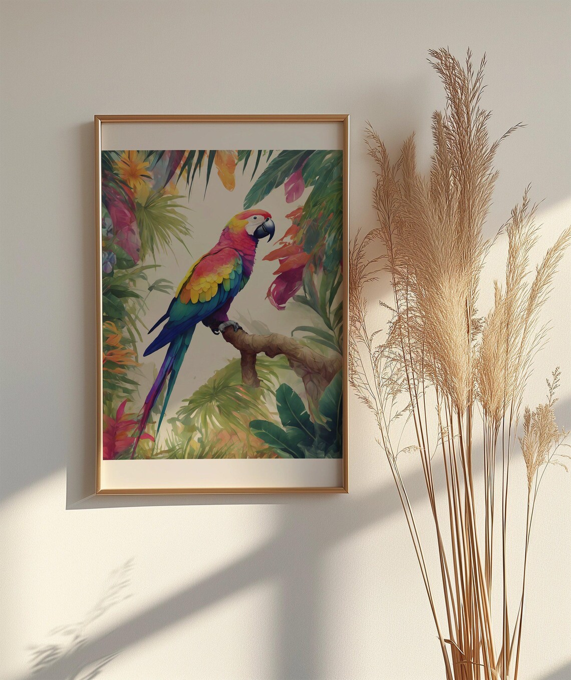 Colorful Macaw Parrot Poster Perched Branch Tropical Floral Art - Image 2