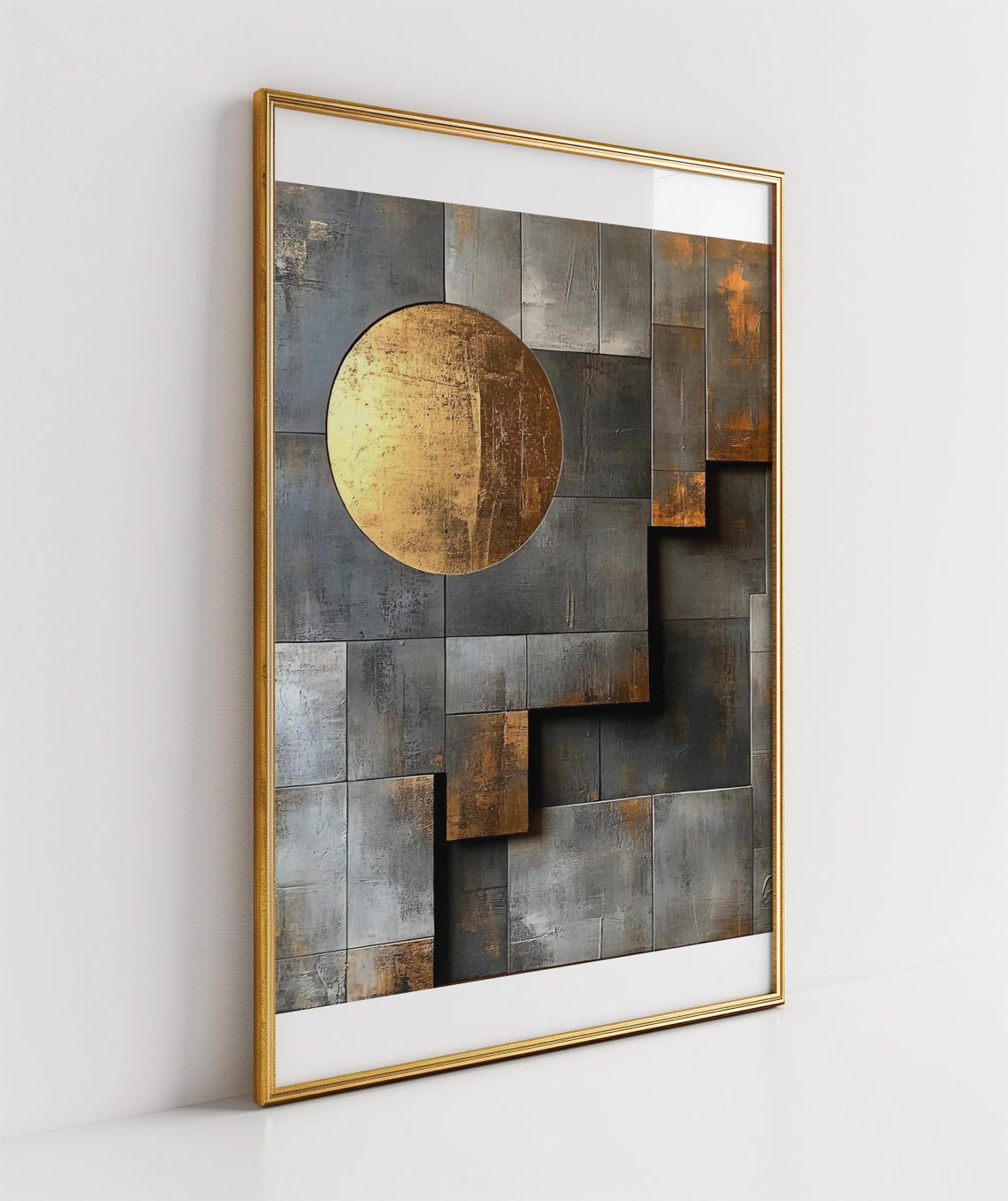 Abstract Geometric Wall Art Modern Gold Circle And Rectangles Print Unique Contemporary Design Home Dcor - Image 3