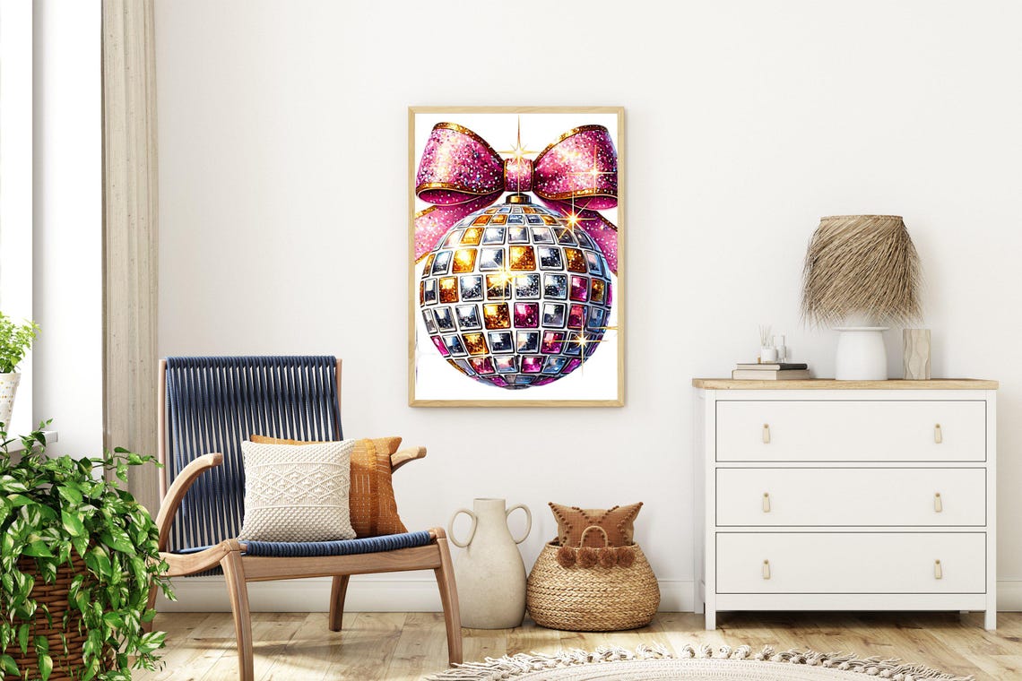Sparkling Disco Ball Ornament With a Pink Glitter Bow Poster - Image 3
