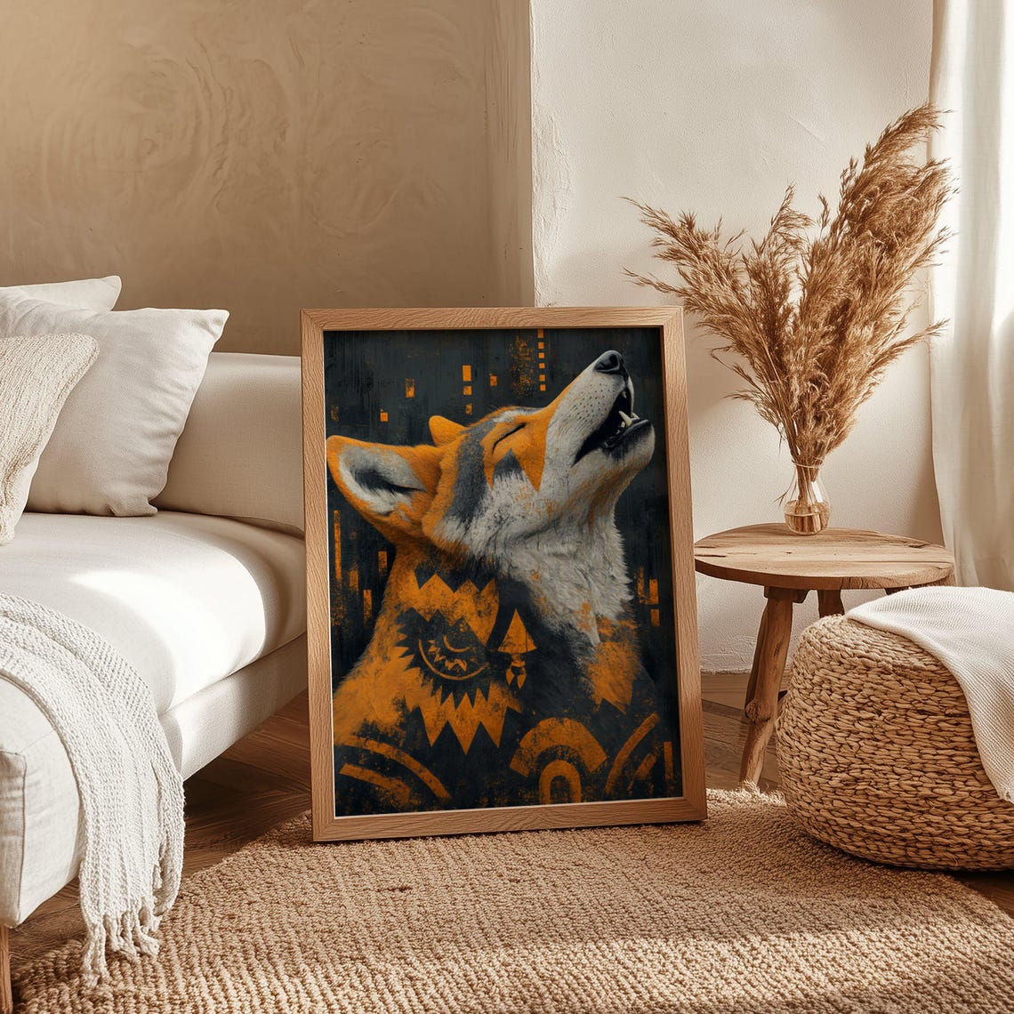 Howling Wolf Geometric Poster With Orange and Black Tribal Style - Image 4