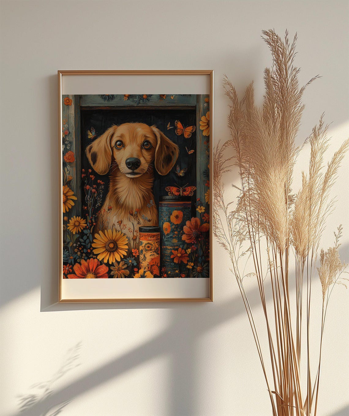Dachshund Puppy in Floral Window with Butterflies Art Poster - Image 2