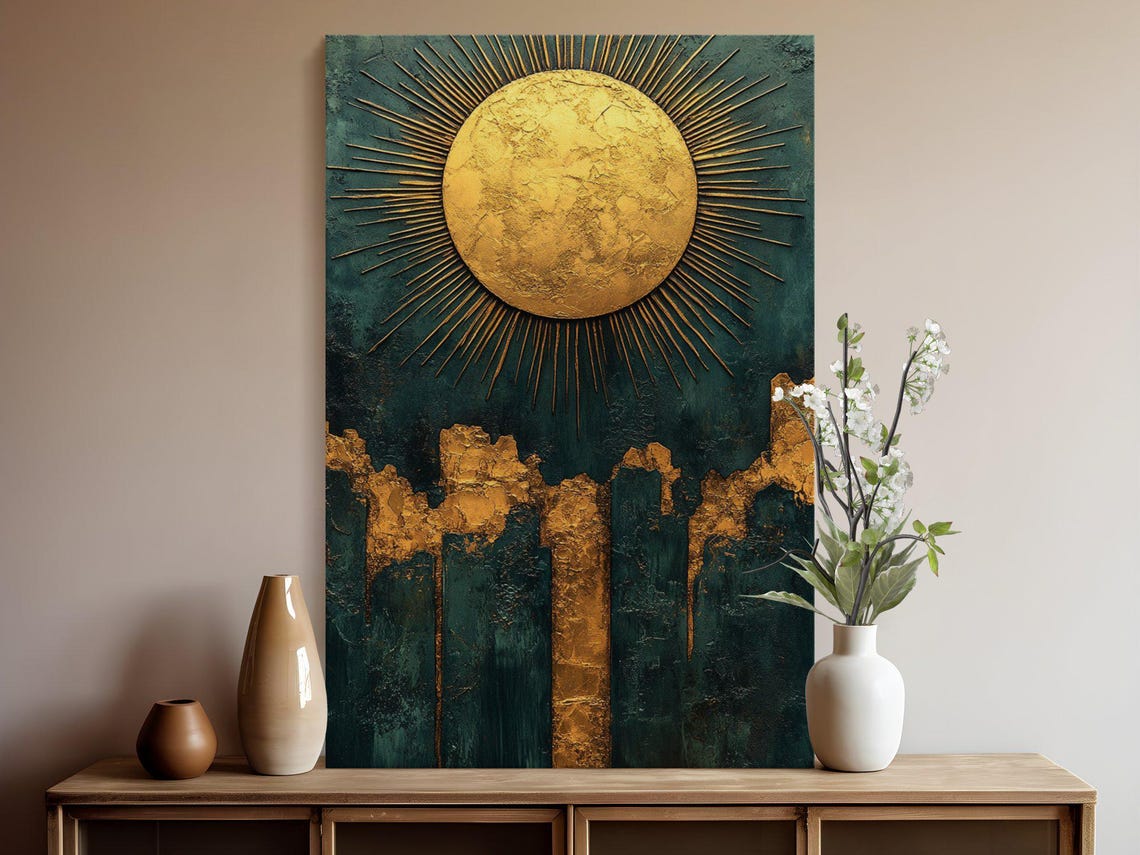 Gold Sunburst Abstract Poster On Dark Teal Textured Background - Image 5