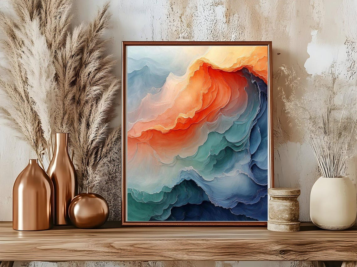 Layered Teal and Burnt Orange Ocean Waves Abstract Art Poster - Image 5